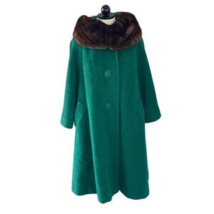 Lilli Ann Vintage Womens Coat Size Large Green Swing Fur Collared Pockets